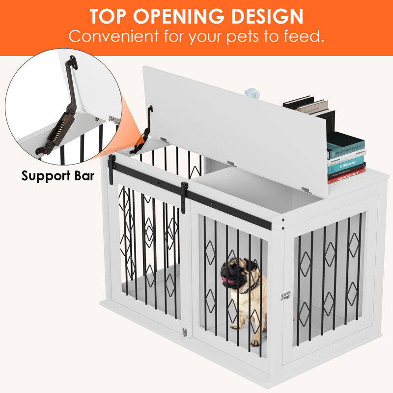 Tucker Murphy Pet Large Dog Crate Furniture W Sliding Barn Door Wooden Indoor Dog Kennel W Flip Top 39.4 Heavy Duty Modern Puppy Dog Cage End Table W Detachable Divider For Small Medium Pets Greige Re...